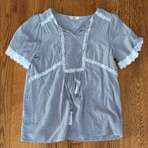 Entro Grey and White Striped Blouse with Lace Trim size large
